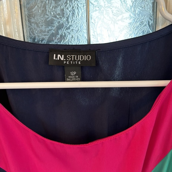 Navy Blue Color Block Dress with Pink Tie Around Waist - Picture 2 of 9
